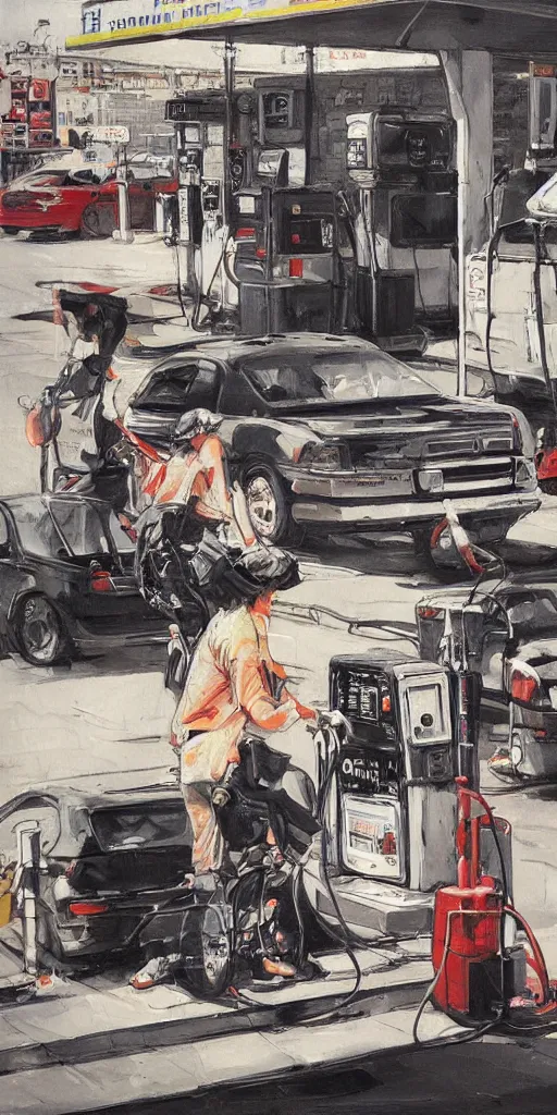 Image similar to oil painting scene from gas station by kim jung gi