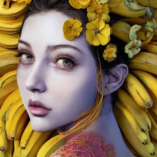 Prompt: the portrait of an absurdly beautiful, graceful, elegant young woman made of bananas and petals looking up, an ultrafine detailed illustration by kim jung gi, irakli nadar, intricate linework, bright colors, octopath traveler, final fantasy, angular, unreal engine 5 highly rendered, global illumination, radiant light, detailed and intricate environment