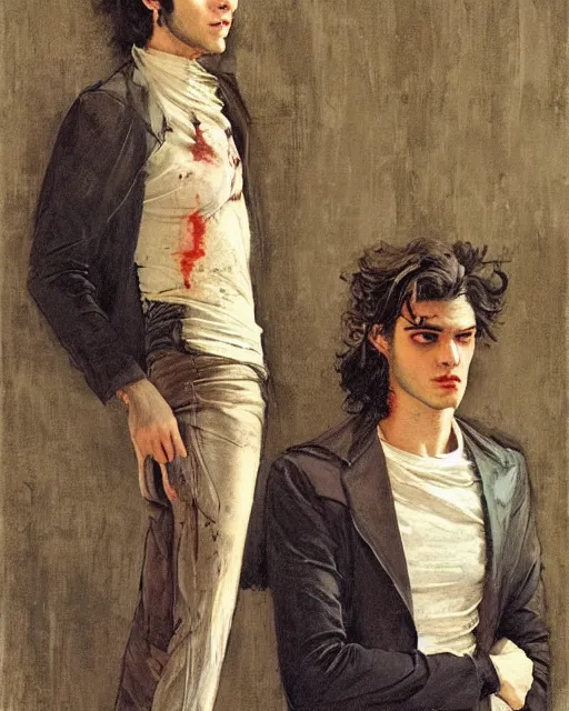 Image similar to two handsome but sinister young men in layers of fear, with haunted eyes and wild hair, 1 9 7 0 s, seventies, wallpaper, a little blood, moonlight showing injuries, delicate embellishments, painterly, offset printing technique, by coby whitmore, jules bastien - lepage