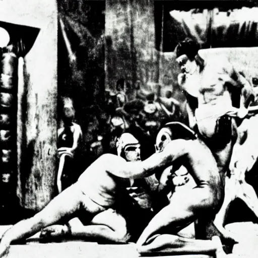 Image similar to photograph of lucha libre, nineteen twenties, avant garde, german expressionist cinema, by fritz lang, dramatic lighting, epic composition