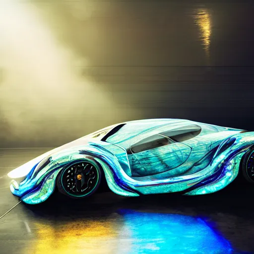 Image similar to concept porsche car with iridescent paint and wings at the sides, full shot, octane, cinematic, highly detailed, reflective marble floor, studio light, photograph by Rémi Dargegen