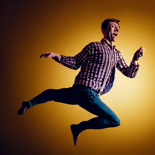 Prompt: a detailed portrait of a man boisterously dancing around the room by himself holding an empty wine bottle as he jumps in the air, detailed facial expression, fine detail, dramatic lighting, award-winning photo UHD, 4K