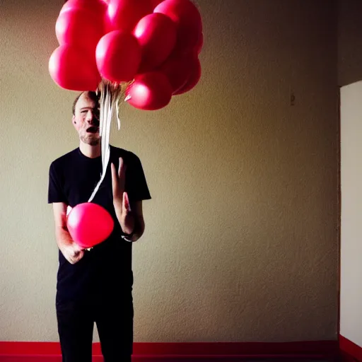 Image similar to man with a cactus head in a room full with red balloons