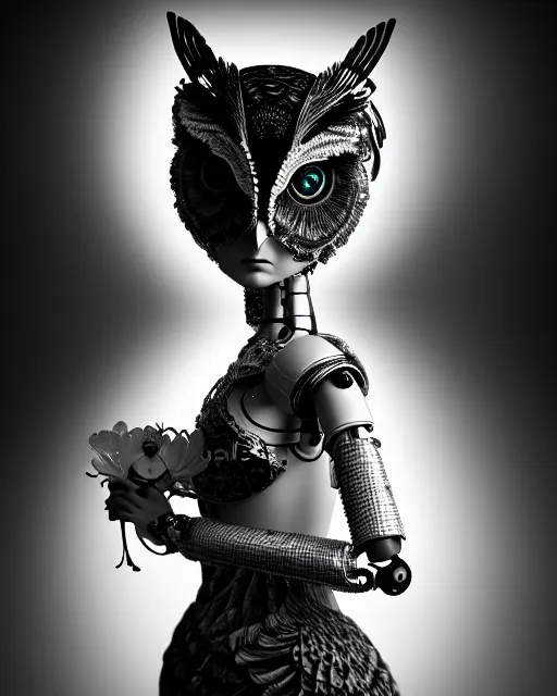 Image similar to surreal mythical dreamy dark artistic black and white fine art 3 / 4 fashion portrait photo of a young beautiful delicate female robot - owl with orchid - doll face, rim light, cinematic, studio dramatic light, poetic, masterpiece, octane render, 8 k, photo - realistic by gustave dore hg giger