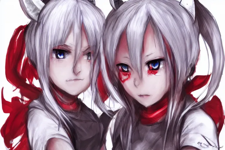 Image similar to white hair, red eyes, two small horns on the head, anime style, anime girl, sketch