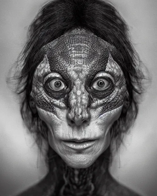 Prompt: a dramatic photo portrait of a reptilian woman