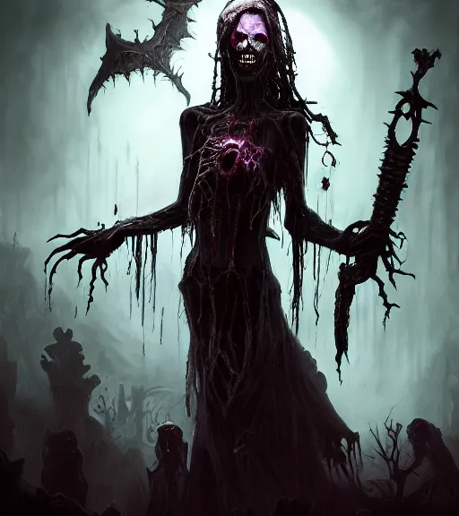 Image similar to gothic necrolord female with zombie servents, digital painting, liminal eerie midnight backlit, a picture taken by Michael Komarck and Daniel Ljunggren