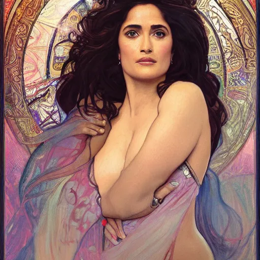 Image similar to salma hayek head and shoulders portrait by alfons mucha, playful, fantasy, medieval, beautiful face, perfect detailed eyes, vivid colrs, elegant, concept art, sharp focus, digital art, hyper - realistic, 4 k, unreal engine, highly detailed, hd, dramatic lighting by brom, trending on artstation