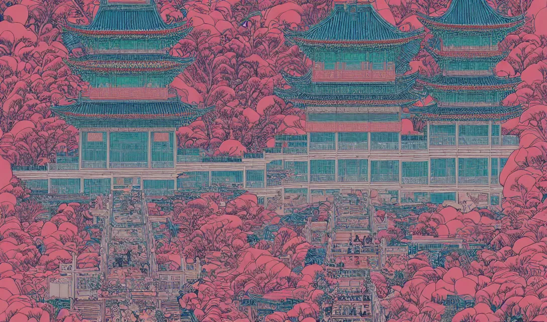 Prompt: symmetry!! a gorgeous chinese palace, illustration, art by laurie greasley, victo ngai and hiroshi yoshida.