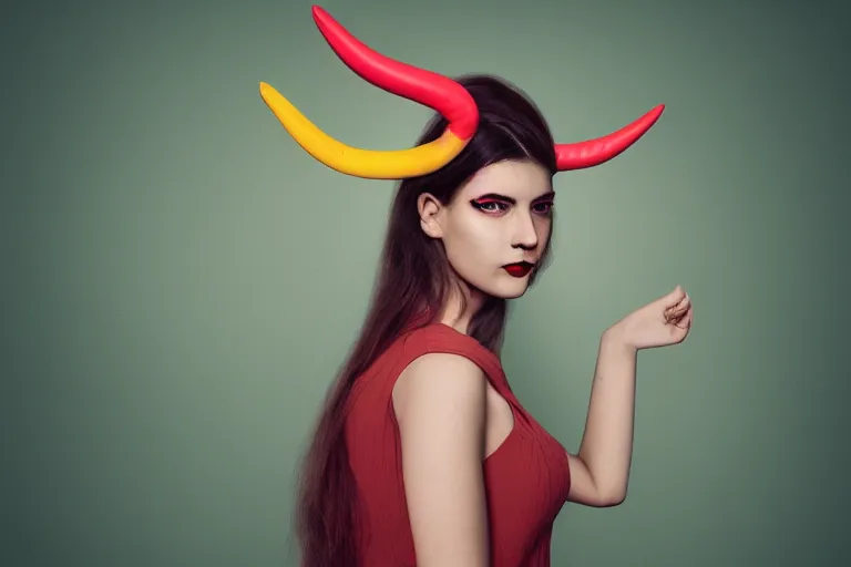 Image similar to pretty demon girl with horns photograph in the style of clemens ascher, colorful, realistic, 8 k