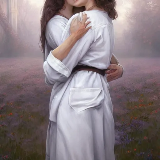 Image similar to epic portrait an female nurse in a white dress and short sleeves hugging an doctor, digital painting, artstation, concept art, soft light, hdri, smooth, sharp focus, illustration, fantasy, intricate, elegant, highly detailed, D&D, matte painting, in the style of Greg Rutkowski and Alphonse Mucha and artemisia, 8k, highly detailed, jurgens, rutkowski, bouguereau, pastoral, rustic, georgic, detailed concept art, illustration, colorful pastel, painting, detail, ultra detailed, digital art, 4K,