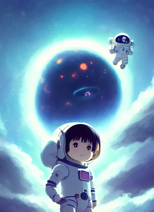 Prompt: portrait of cute kawaii astronaut android floating around a large biomechanical kaiju dragon, nebulous background of dynamic space, a dramatic composition by wlop and greg rutkowski and makoto shinkai and studio ghibli and kyoto animation