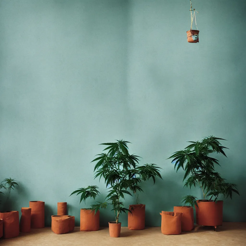 Image similar to large single cannabis plant in a pot grows to the ceiling, kodak portra 4 0 0, 8 k, shot of a highly detailed, britt marling style, colour still - life portrait of a large minimalistic room, rough concrete walls, a single rough carved wooden teal, with comfortable beanbags, muted colours