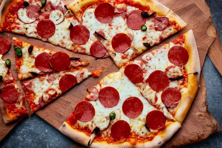 Image similar to a pizza with among us character-shaped pepperoni on top. Food photography, studio photography, highly detailed