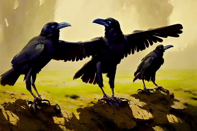 Image similar to raven birds expressively dancing by otto dix and greg rutkowski and andreas rocha, cinematic lighting, highly detailed, warm colours, 4 k