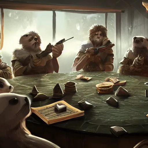 Image similar to a group of seals sitting around a table, playing dnd, cinematic lighting, trending on artstation, focused, detailed