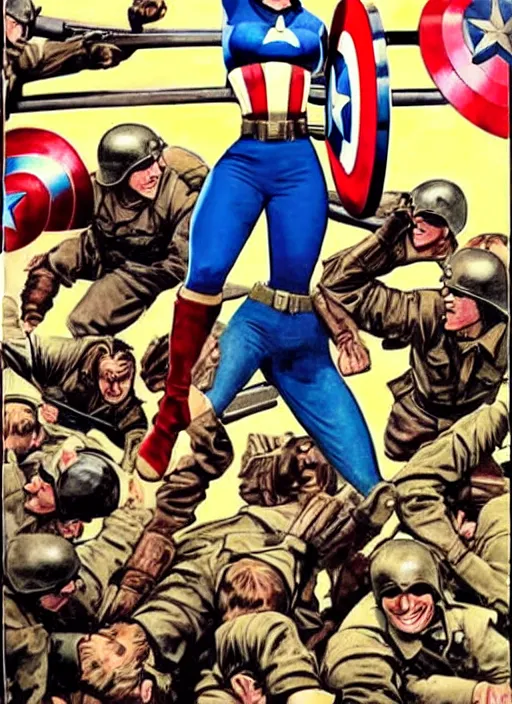 Prompt: beautiful female captain america standing on a pile of defeated, beaten and broken german soldiers. feminist captain america wins wwii. cheering american soldiers. american wwii propaganda poster by james gurney. gorgeous face. overwatch