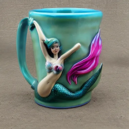 Image similar to an amazing ceramic realistic arial mermaid sculpture mug, creative, beautiful, award winning design, functional, colorful