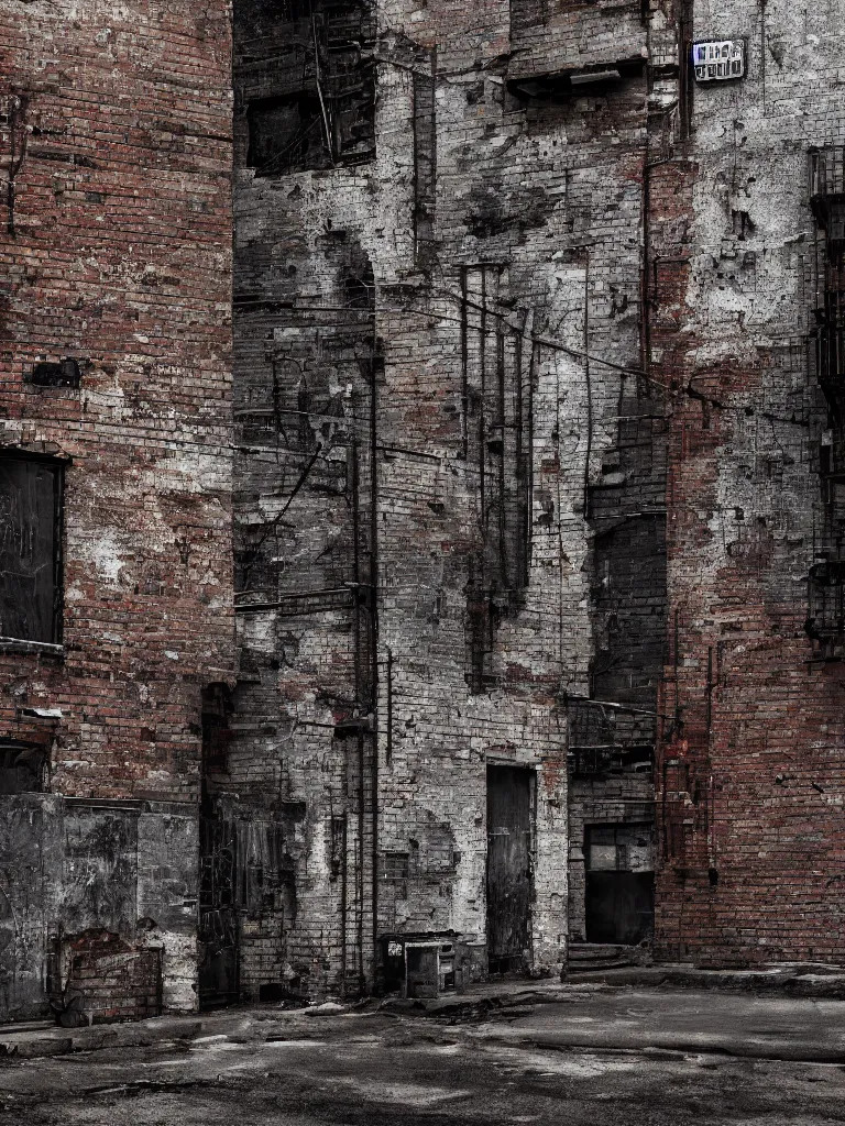 Image similar to texture of a grunge dirty alley, bullet holes, wall brick concrete plaster eroded worn, bullet holes, dark alley, hyper-realistic, ultra-realistic, intricate details, 4k, octane render, unreal 5, digital art