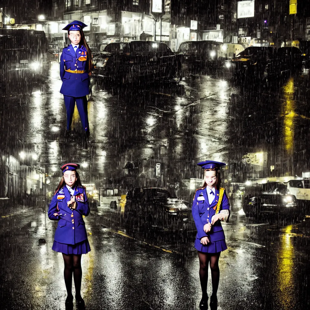 Image similar to night flash portrait photography of a high school girl in uniform on the lower east side by annie leibovitz, colorful, nighttime!, raining!