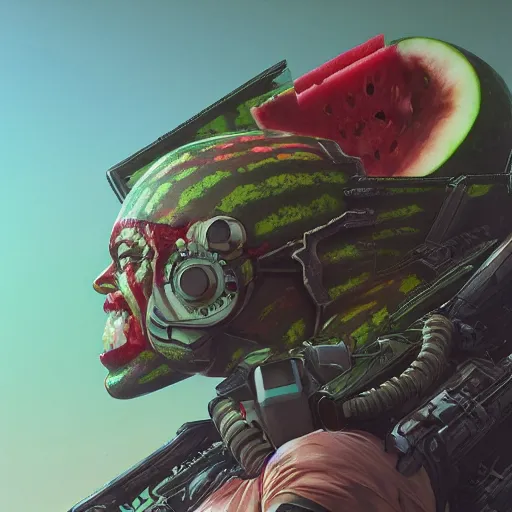 Prompt: Concept Digital Art Highly detailed Watermelon warlord by Stephen Hickman and Beeple. Very highly detailed 8K,Pentax 67, Kodak Portra 400 in style of Hiromasa Ogura Ghost in the Shell, the golden ratio, rational painting