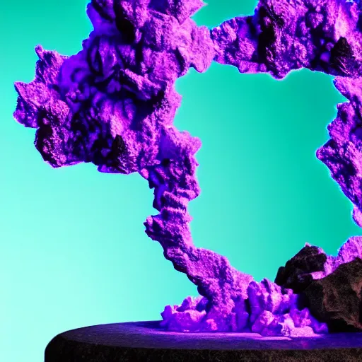 Image similar to 3D statue!!!, purple shattered paint!, glowing lava!!!, conglomerate!, slush!!, organized composition!, abstract!, black backdrop!, 4k!, award-winning photo!!!!