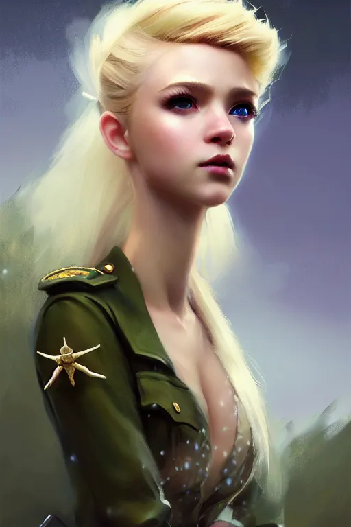 Image similar to cinematic shot of an epic portrait of a cute blonde fairy dressed in military clothes, stylised military clothes, shiny skin, beautiful eyes, beautiful, small details, night setting, realistic poster with volumetric light from craig mallism, artgerm, jeremy lipkin and michael garmash, unreal engine, radiant light, digital art, trends at art station, a masterpiece