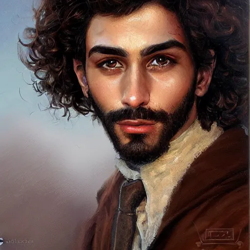 Prompt: portrait of a young italian male, dark shoulder length very curly hair, round nose, thick angular eyebrows, short patchy beard, closeup portrait, elegant, highly detailed, oil painting, artstation, concept art, matte, sharp focus, illustration, hearthstone, art by earl norem
