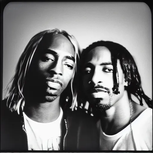 Image similar to Polaroid photograph of Kurt Cobain and Tupac Shakur, 90s, XF IQ4, 150MP, 50mm, F1.4, ISO 200, 1/160s, natural light, Adobe Lightroom, photolab, Affinity Photo, PhotoDirector 365,