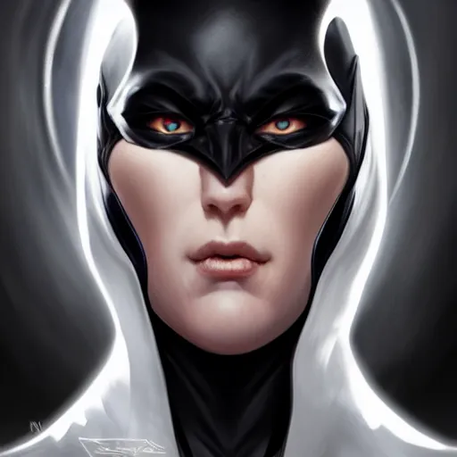 Image similar to characters portrait of MoonKnight mixed with Batman by ArtGerm and Tom Bagshaw, merged character, 4k, highly detailed, cinematic lighting