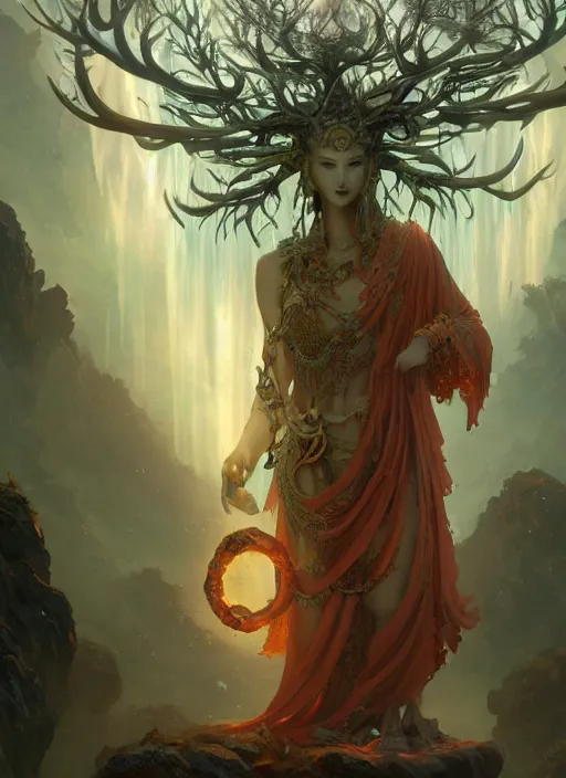 Prompt: Gigantic Stone Deity with a halo made of fluorescent mushrooms and antlers, flowing robes and translucent leaves, extremly detailed digital painting, in the style of Fenghua Zhong and Ruan Jia and jeremy lipking and Peter Mohrbacher, mystical colors, rim light, beautiful lighting, 8k, stunning scene, raytracing, octane, trending on artstation