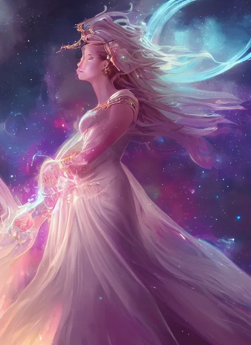 Image similar to a highly detailed illustration of elegant goddess wearing cosmic dress, elegant floating pose, beautiful detailed figure, nebula background, closed eyes smile expression, intricate, elegant, highly detailed, centered, digital painting, artstation, concept art, smooth, sharp focus, league of legends concept art, wlop