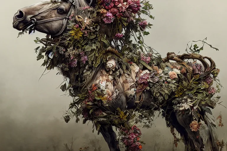 Prompt: a stunning horse made of gnarled wood and plants by sandra chevrier and greg rutkowski, high key lighting, volumetric light, digital art, highly detailed, fine detail, intricate, ornate, complex, octane render, unreal engine, photorealistic