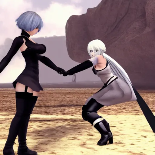 Prompt: photo of 2b fighting kaine from nier