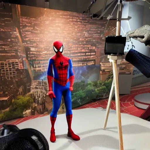 Image similar to a photo of a stopmotion animation filming set of spiderman