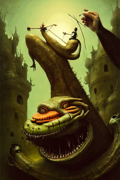 Image similar to hieronymus bosch, greg rutkowski, anna podedworna, painting of king k rool's floating head with huge buff arms growing out of it