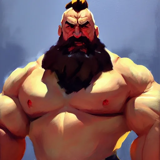 Image similar to Greg Manchess portrait painting of Zangief as Overwatch character, medium shot, asymmetrical, profile picture, Organic Painting, sunny day, Matte Painting, bold shapes, hard edges, street art, trending on artstation, by Huang Guangjian and Gil Elvgren and Sachin Teng