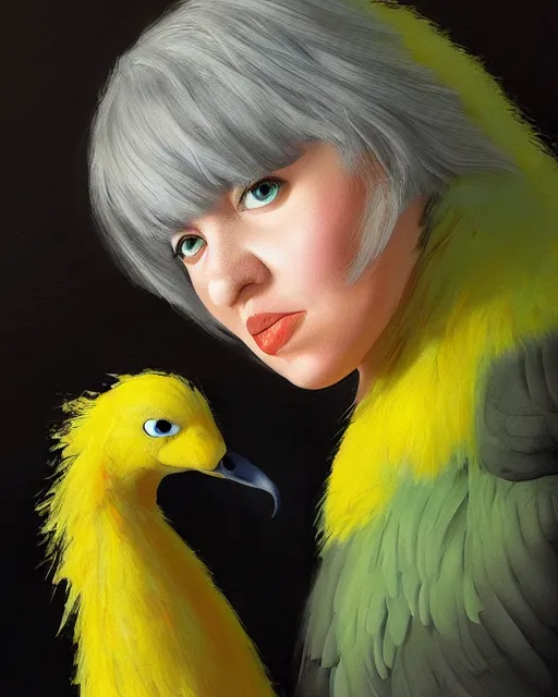 Image similar to Portrait of Big Bird's child, Big Bird morph child morph, digital painting, realistic shaded, realistic shaded lighting, fan art, pixiv, by Ilya Kuvshinov, morph dna, realistic face body morph, magali villeneuve, Artstation, by Jeremy Lipkin and by Michael Garmash and by Rob Rey. Face retouch