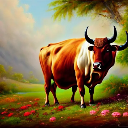 Prompt: beautiful oil painting depicting a scene with a bull who's skin completely covered by flowers and plants, fullbody shot, high details, trending on artstation