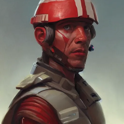 Image similar to portrait of a man by greg rutkowski, a soldier of the galactic triunvirate wearing a red and white tactical gear, star wars expanded universe, highly detailed portrait, digital painting, artstation, concept art, smooth, sharp foccus ilustration, artstation hq