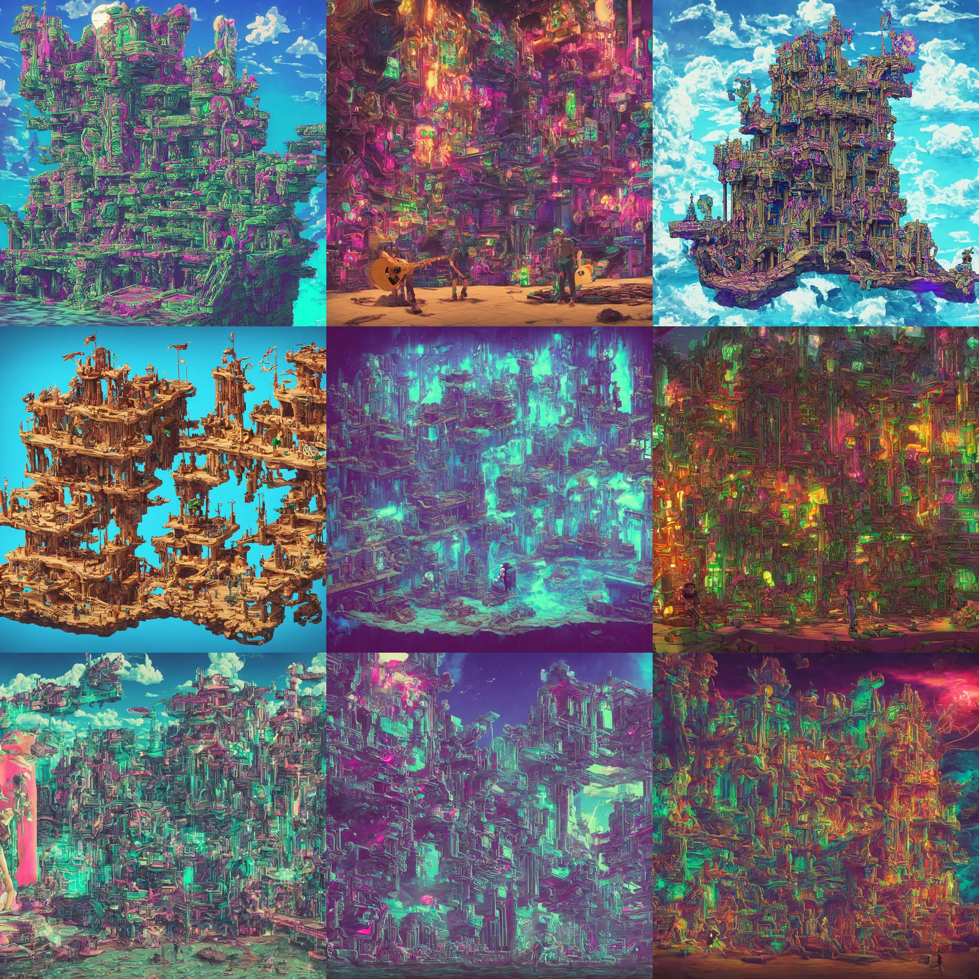 Prompt: a vaporwave cyberpunk photorealistic fantasy wood carving of a floating castle with tapestries of adalasion monotronics, in the world of adventure time, man playing guitar.