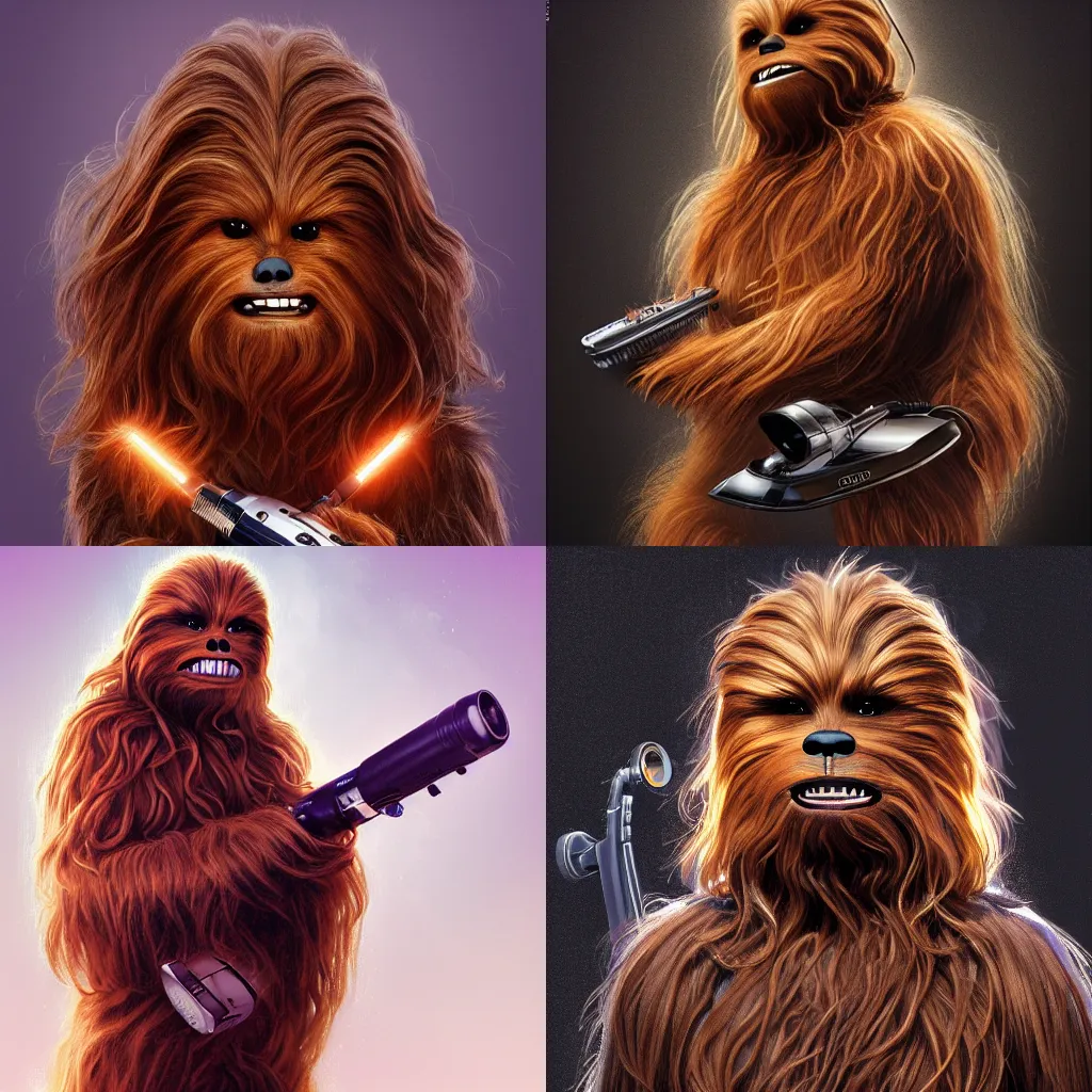 Prompt: portrait photography of Chewbacca with hair curlers and holding an hair dryer, cinematic lighting, highly detailed, digital painting, artstation, concept art, smooth, sharp focus, illustration, art by Terry Moore and Greg Rutkowski and Alphonse Mucha