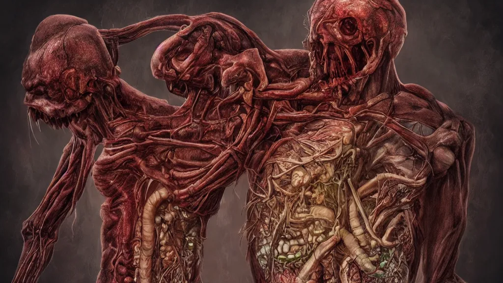 Prompt: monster made of guts and organs. Eldritch, anatomical, 8K, concept art, filmic, HDR, hyperrealism, volumetric lighting, Dark art