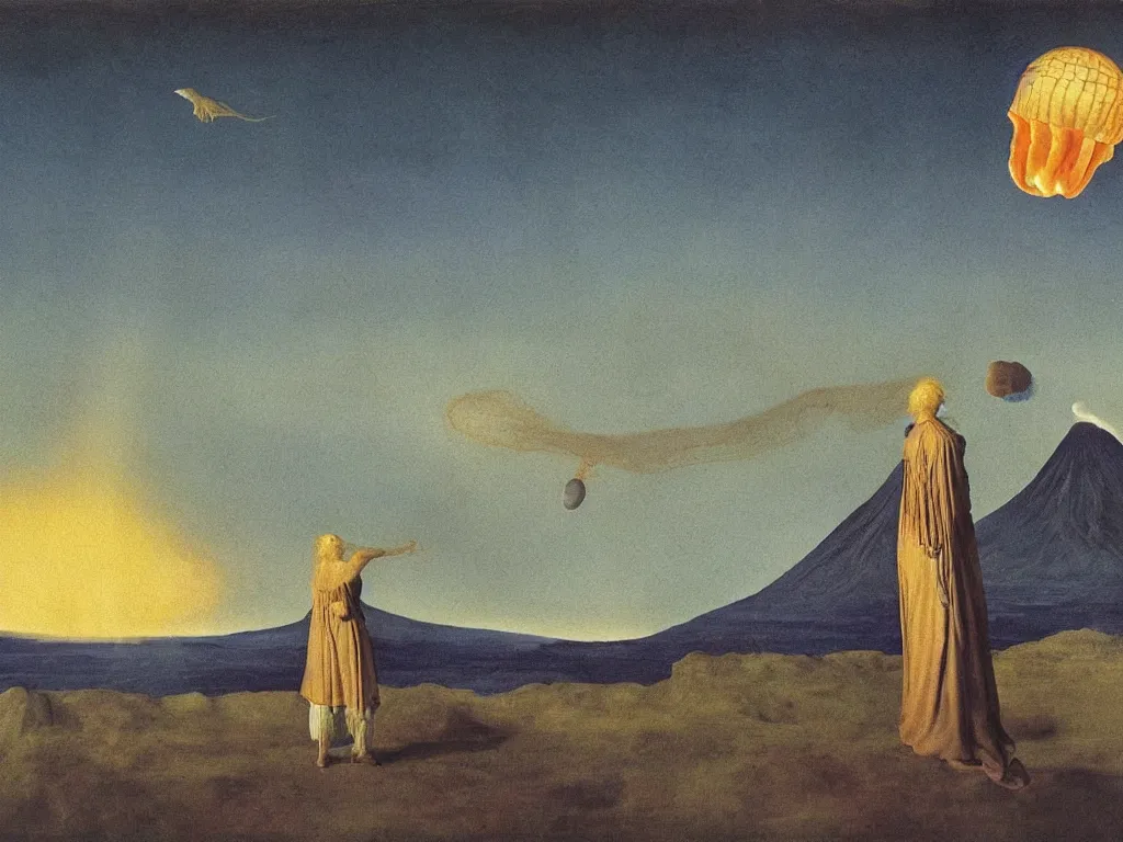 Image similar to albino mystic, with his back turned, looking at the Aurora over over the volcano in the distance, with beautiful exotic hoopoe, jellyfish. Painting by Jan van Eyck, Audubon, Rene Magritte, Agnes Pelton, Max Ernst, Walton Ford