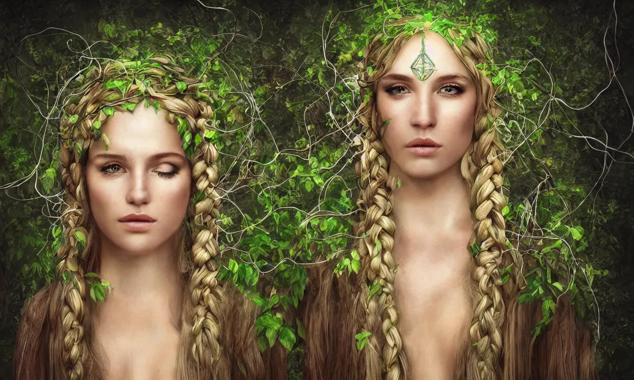 Prompt: beautiful blonde woman with plaits intertwined with vines, third eye on forehead, forest fae, psychedelic mushrooms, magic, mystical, white witch, photorealistic, portrait, sacred geometry