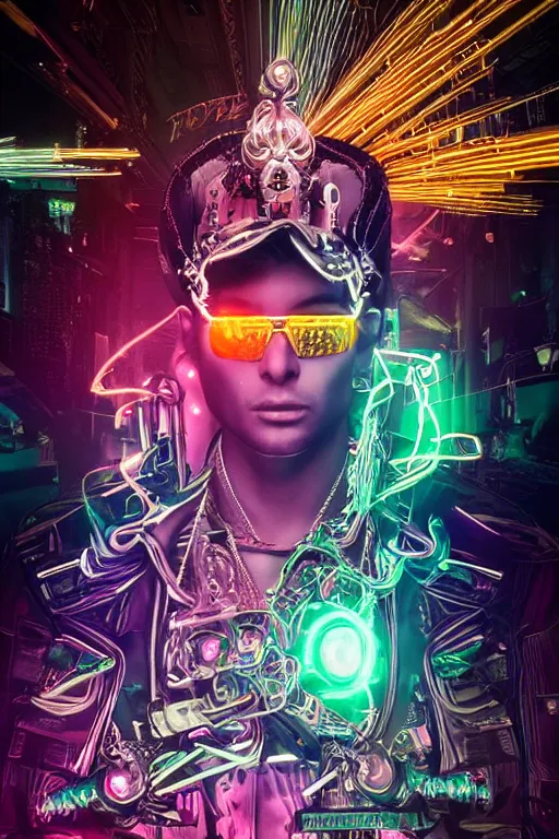 Prompt: full-body neon chrome bladerunner and baroque style sculpture of a young handsome Cuban prince wearing cholo shades as a half android with a porcelain chest opening exposing circuitry and electric sparks, glowing laser beam eyes, crown of giant diamonds, flowing neon-colored silk, fabric, raptors. baroque elements. full-length view. baroque element. intricate artwork by caravaggio. many many birds birds on background. Trending on artstation, octane render, cinematic lighting from the right, hyper realism, octane render, 8k, depth of field, 3D