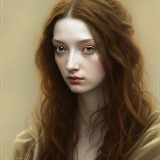 Prompt: beautiful striking Pre-Raphaelite Emma Dumont by Artgerm and Greg Rutkowski, pale, intricate, elegant, highly detailed, digital painting