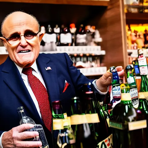 Image similar to news still of a drunk rudy giuliani holding a bottle, 4 k, professional