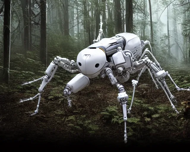 Image similar to photo of a giant huge white terminator spider with heavy duty biomechanical hydraulic cybernetic body with antennas and visor cogs and gears and components in the forest. cyberpunk horror style. highly detailed 8 k. intricate. nikon d 8 5 0 5 5 mm. award winning photography.