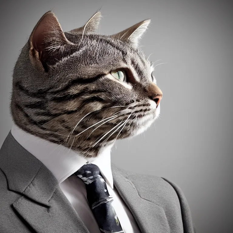 Prompt: cat headed human in suit, mugshot